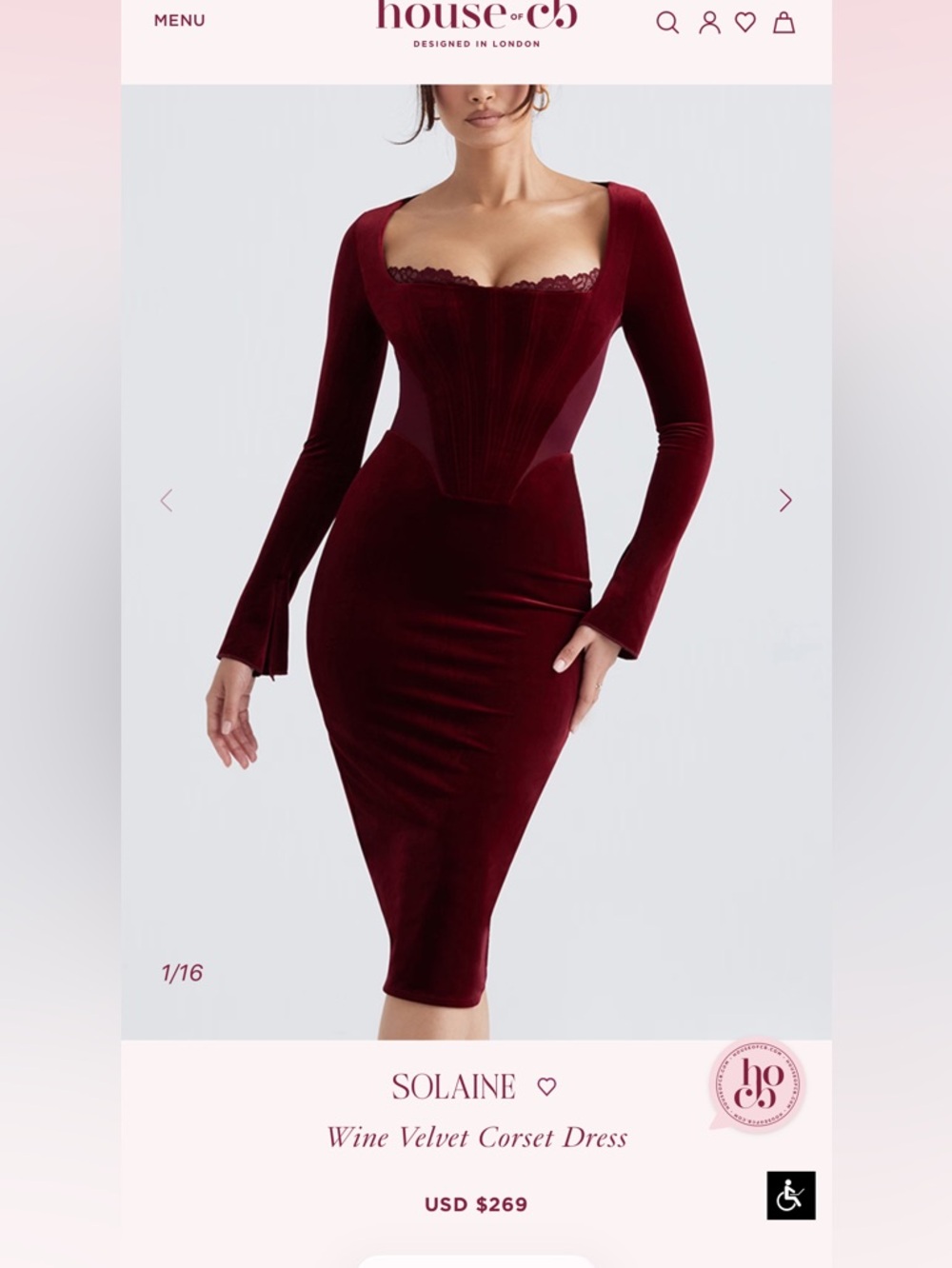 House of CB Wine Velvet Long Sleeve Corset Midi Dress